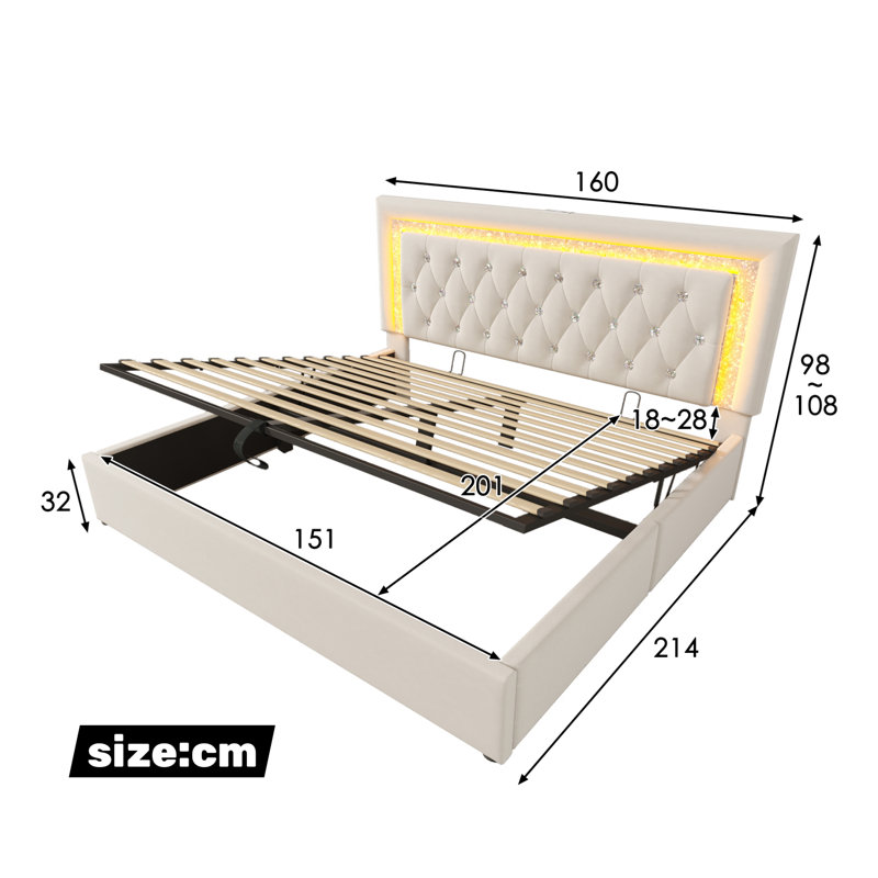 Estella 135 X 190 Cm 4Ft6 Beige Velvet Upholstered Hydraulic Storage Bed With Adjustable Diamond Tufted Headboard Ith LED Lighting, USB Type-C Charging (No Mattress)