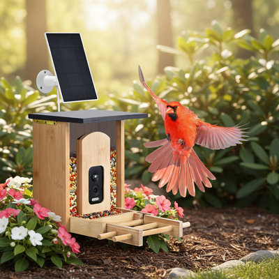Mangeoire à oiseaux en bambou avec caméra, nichoir à énergie solaire HD 2K avec reconnaissance de l'IA et capture automatique, cadeau idéal pour la cour arrière