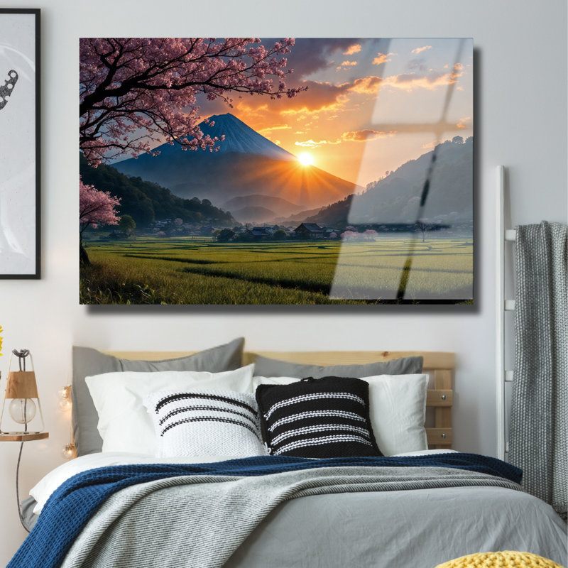 Mont Fuji au coucher du soleil, art mural en verre trempé, H 8 po x l 12 po