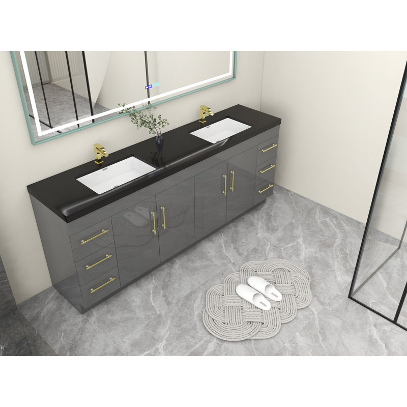 Ensemble de meuble-lavabo double 84 po Campney, Gris à haute brillance, Or mat