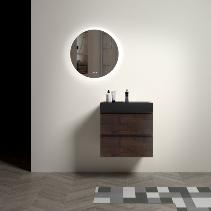 Meuble-lavabo simple mural 24 po avec plateau en mélamine Connon, Noyer / noir