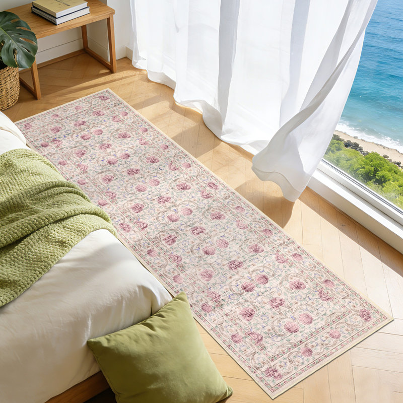 Vintage Floral Machine Washable Area Rug Easy Care Low Pile Non Slip Soft Indoor Carpet for Living Room Bedroom Office Home Decor