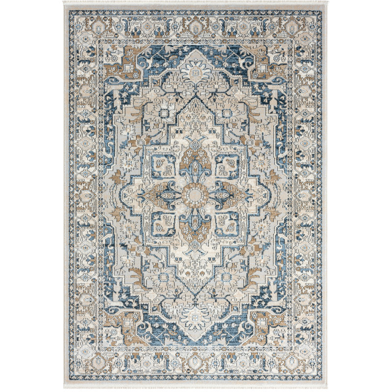 Tapis oriental en polypropylène beige / bleu / gris, Rectangle 5 pi 3 po x 7 pi 6 po