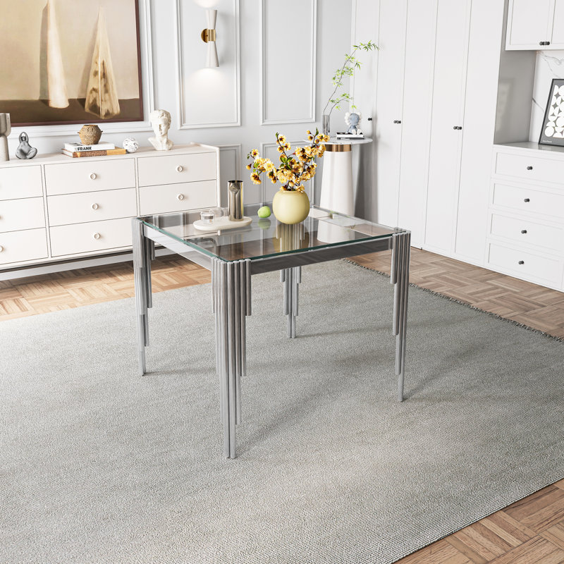 35.43" Contemporary Square Dining Table With Tempered Glass Top And Stainless steel Legs,kitchen table,dining table, Clear