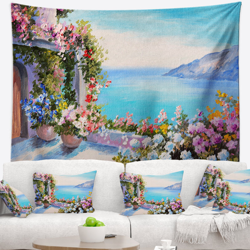 Tapisserie de mer et de fleurs de paysage, H 32 po x l 39 po