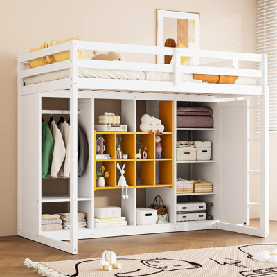 Lit mezzanine simple en bois blanc et jaune, réversible, rangement spacieux, garde-corps pleine longueur pour garde-corps, articles de rangement quotidiens