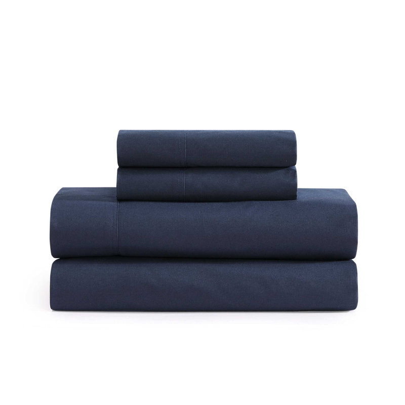 Tommy Hilfiger Solid Cotton Percale Sheet Set, Navy, Twin Extra Long Sheet Set with 1 Pillowcase