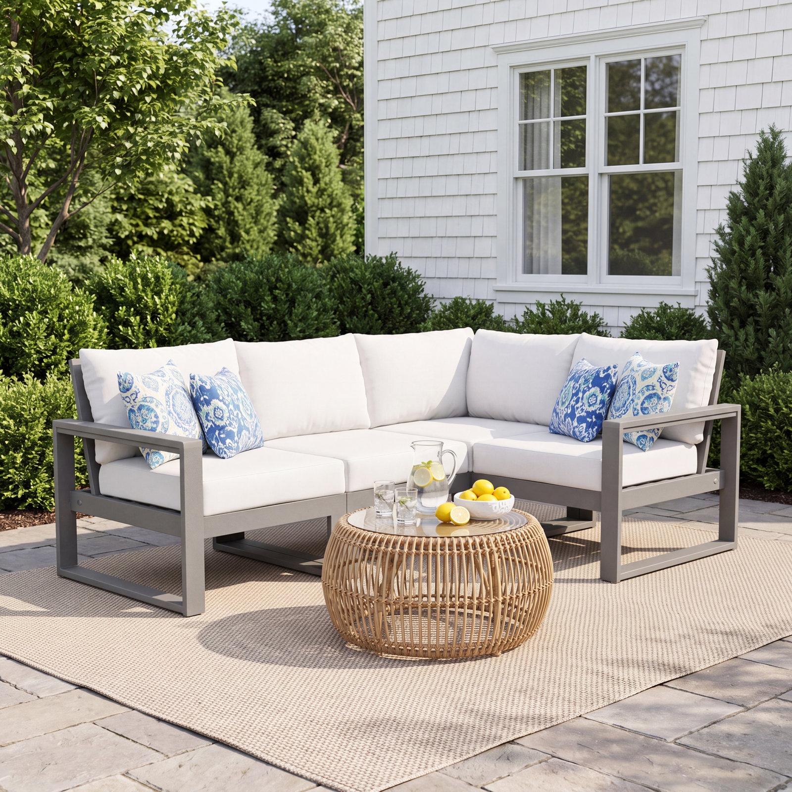 POLYWOOD® Edge 85" Patio Sectional, Natural Linen, Slate Grey