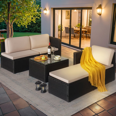 3 - Person Elegant Outdoor Patio Furniture Set: Sectional Wicker Couch with Ottoman and All-Weather Cushions