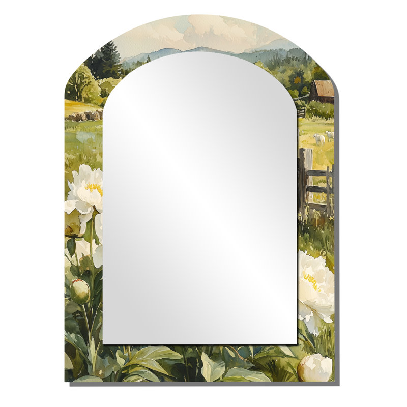 «Farm Pe pivons In The Goat Pen I» - miroir asymétrique pivoines, miroir mural unique à arche blanche, impression d'art en métal