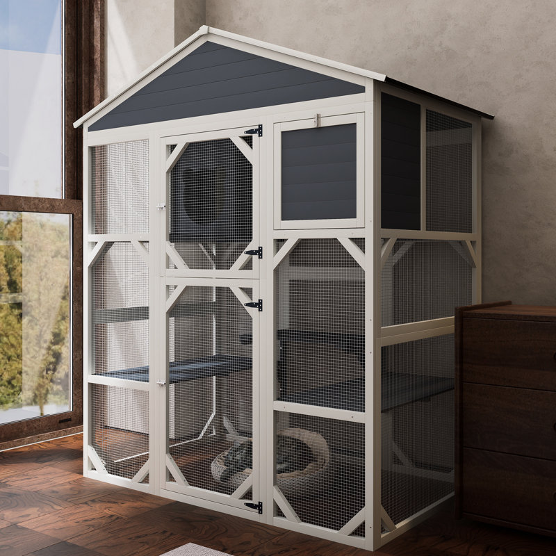 Cage à animaux spacieuse en bois gris avec 2 boîtes pour faire la sieste, 3 plateformes d'escalade, maisons de couchage imperméables