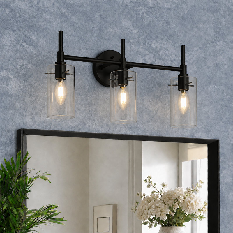3-Light Dimmable Transparent Glass Modern Vanity Light, Matte Black, 3 Light