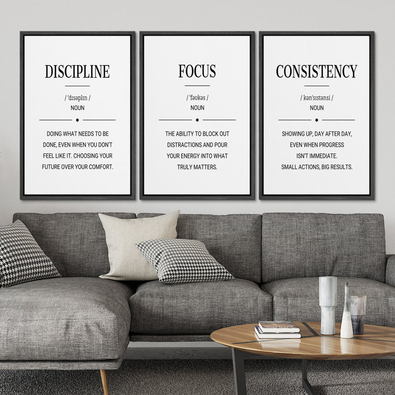 Discipline Focus Consistency Motivational Definition Minimal Quote Wall Art Decor Framed On Canvas 3 Pieces Print, White