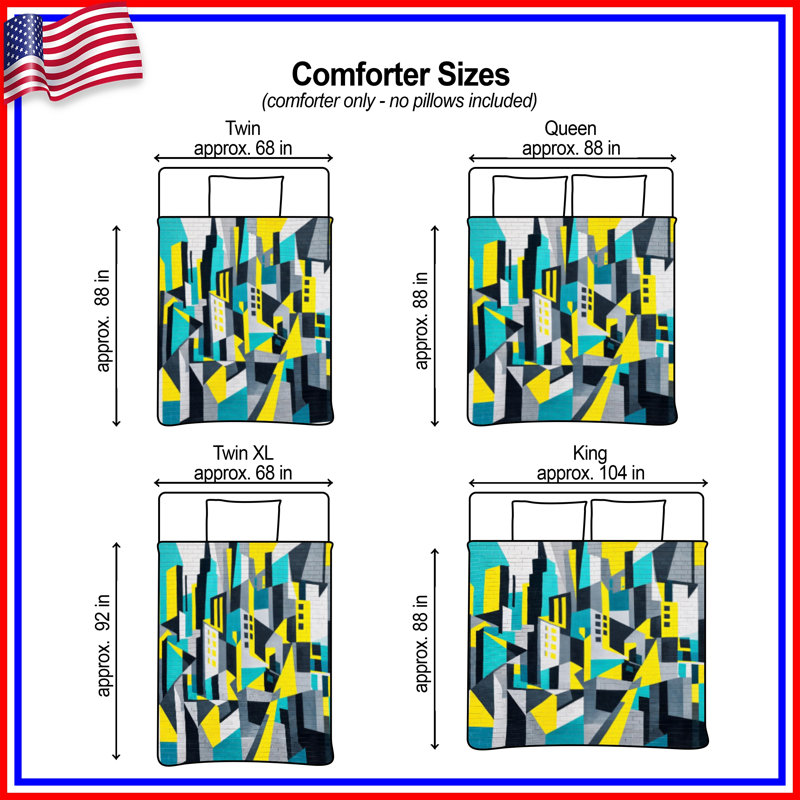 Abstract Cityscape Mural Comforter, Twin Extra Long, Gray Charcoal Bright Yellow