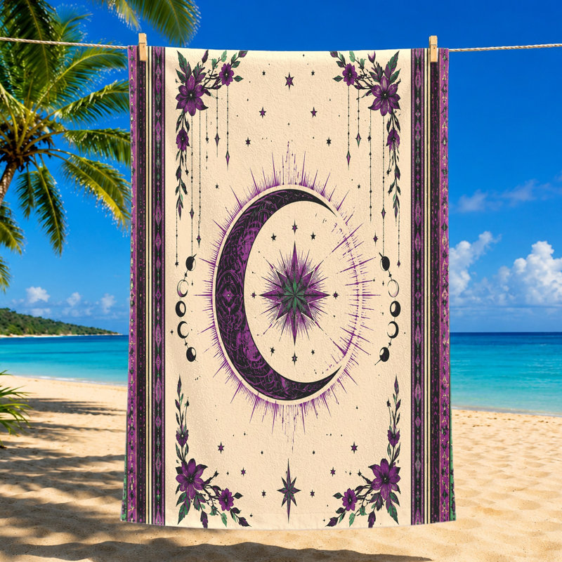 1 serviette de plage mystique lune céleste et étoile, motif floral bohémien, grande microfibre pour piscine, voyage, unisexe