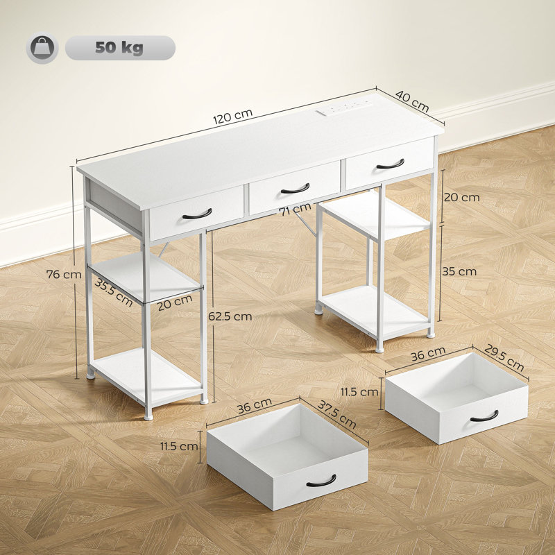 Steel Computer Desk with Built-In Electrical Outlet, White, White