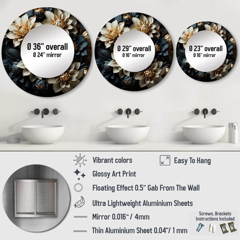 Mums Noir Black Enchantment I - Mums Round Mirror Wall Decor_MTMIR116626, 29" x 29"