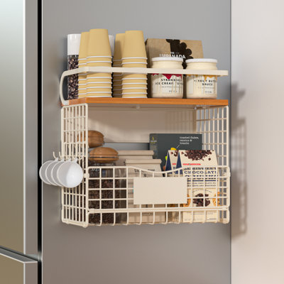 White DIY Tag Magnetic Refrigerator Organizer with Wood Lid, Metal Spice Rack and Hanging Storage Basket for Fridge Single