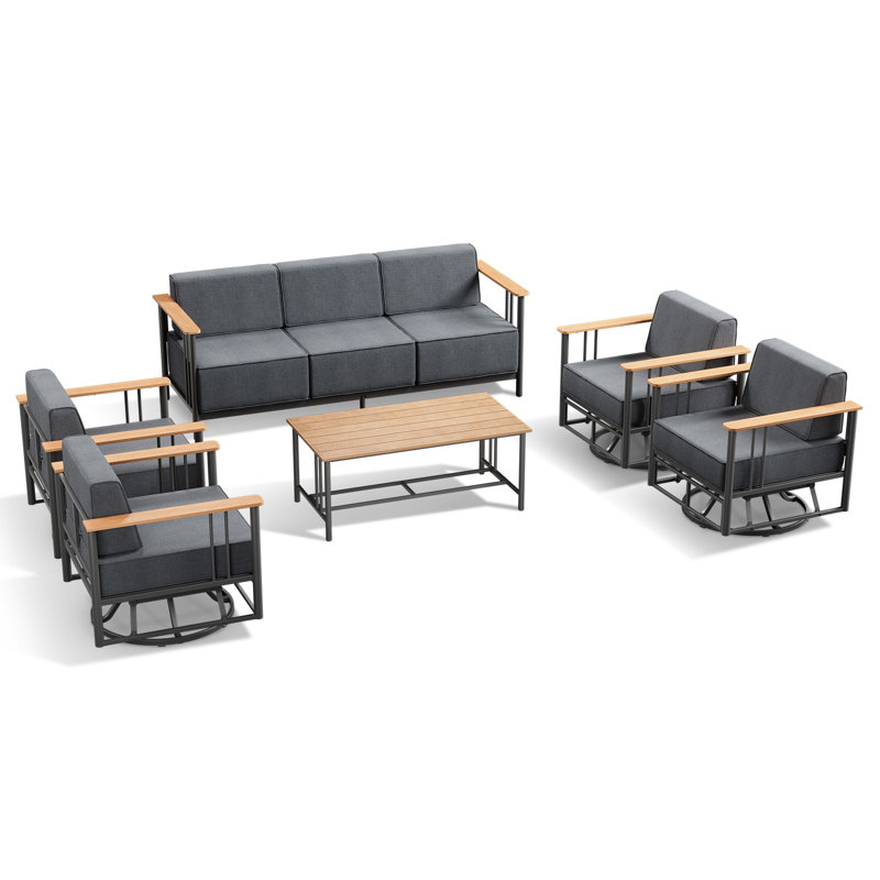 Coan 7 Person Outdoor Patio Modern Metal Sofa Conversation Set With 4 Swivel Chairs, Black Cushion/Black Frame