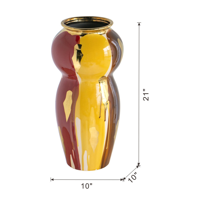 Vase en céramique courbé 10X10X20.9 "avec une finition abstraite multicolore