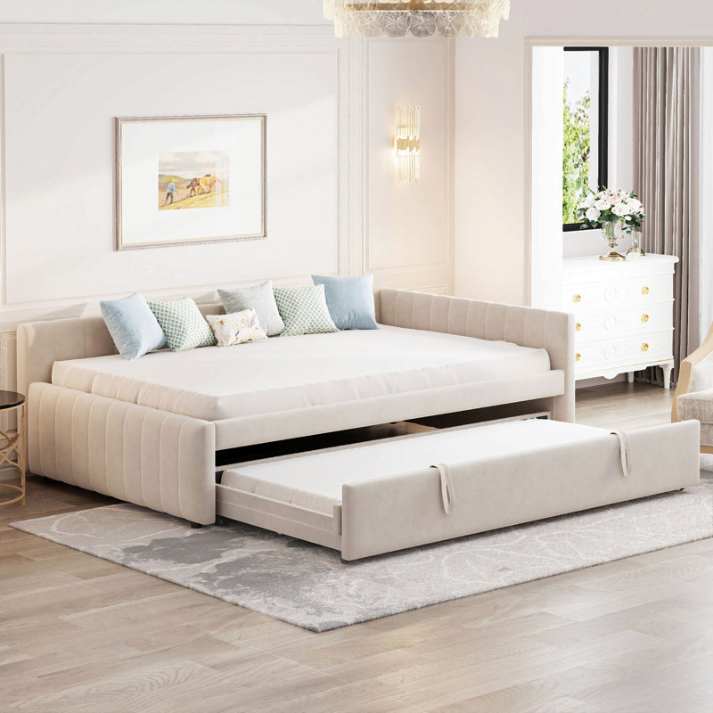 Full Size Upholstered L-Shaped Upholstered Daybed With Twin Size Pop Up Trundle, Beige