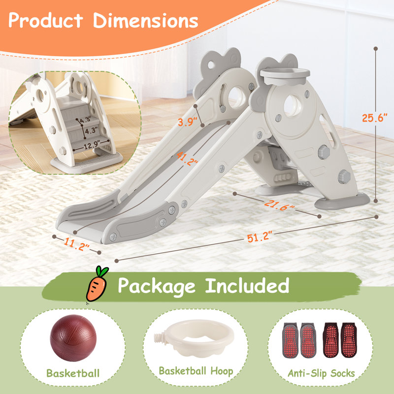 White and Gray Foldable Carrot Theme Toddler Slide with Basketball Hoop