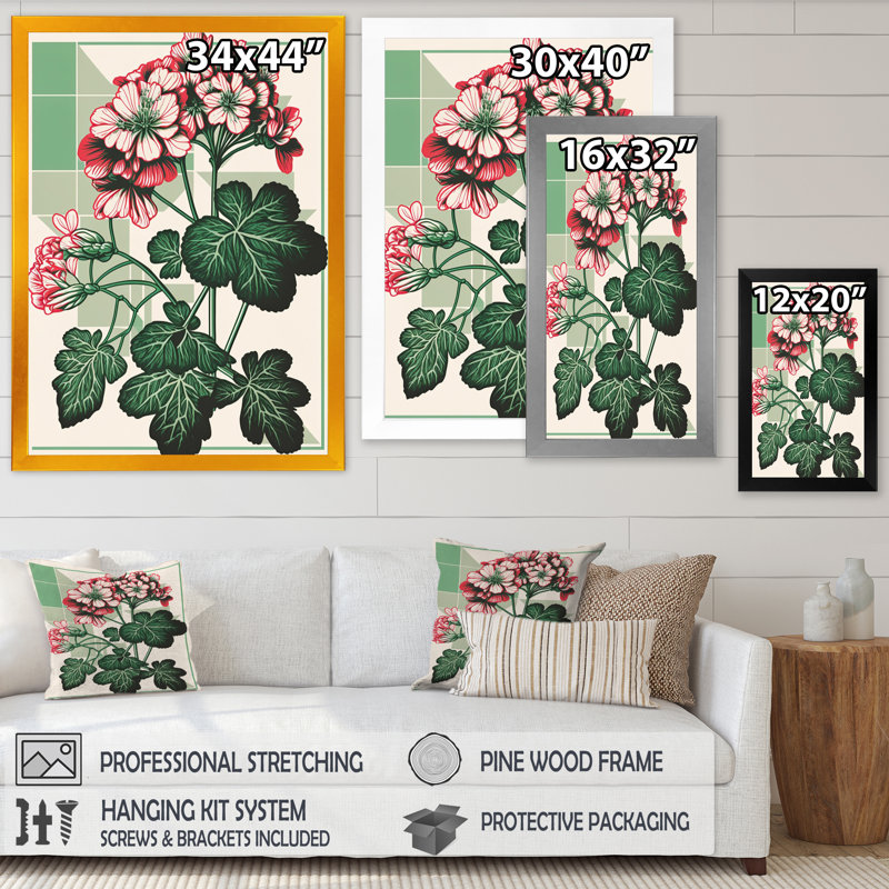 «Geranium florissant en couleurs rétro I», art mural sur toile florale, Impression noire sur toile encadrée