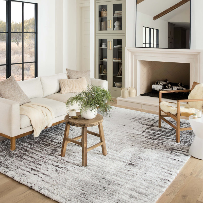 Gray and Cream Abstract Shag Area Rug, 2'3" x 4'