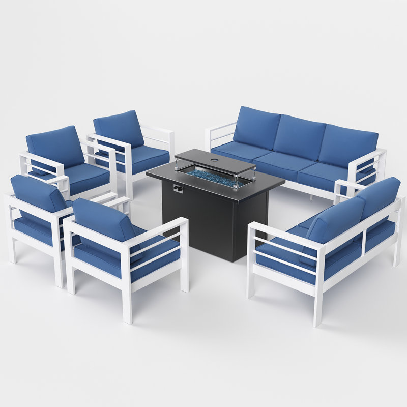 9 - Person Outdoor Seating Group With Cushions, White, Blue