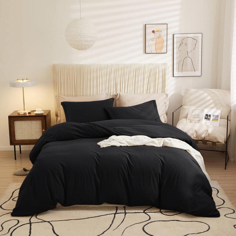 Ultra Soft 3-Piece Dyed Duvet Cover Set With Pillowcases, Black, Double Duvet Cover + 2 Standard Pillowcases