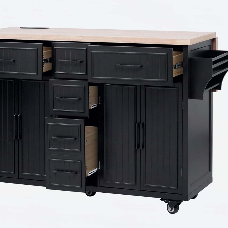 Îlot de cuisine 56,5 po avec rallonge, prise de courant, chariot de cuisine sur roulettes à rayures verticales en relief avec 4 portes, 5 tiroirs profonds et tablettes réglables, pour la cuisine, la salle à manger