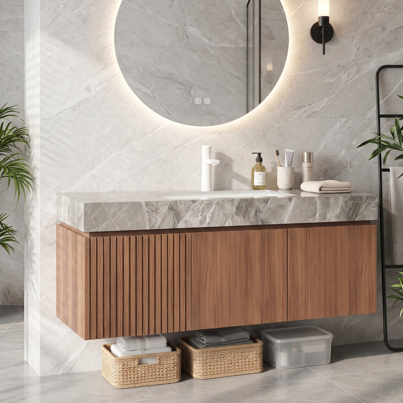 Meuble-lavabo mural simple 48 po avec surface solide 48 po, Chêne brun