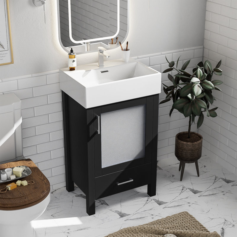 [Meuble-lavabo en céramique de 20 po] Rangement spacieux | Conception compacte de petite salle de bain | Structure en bois moderne et surface facile à nettoyer