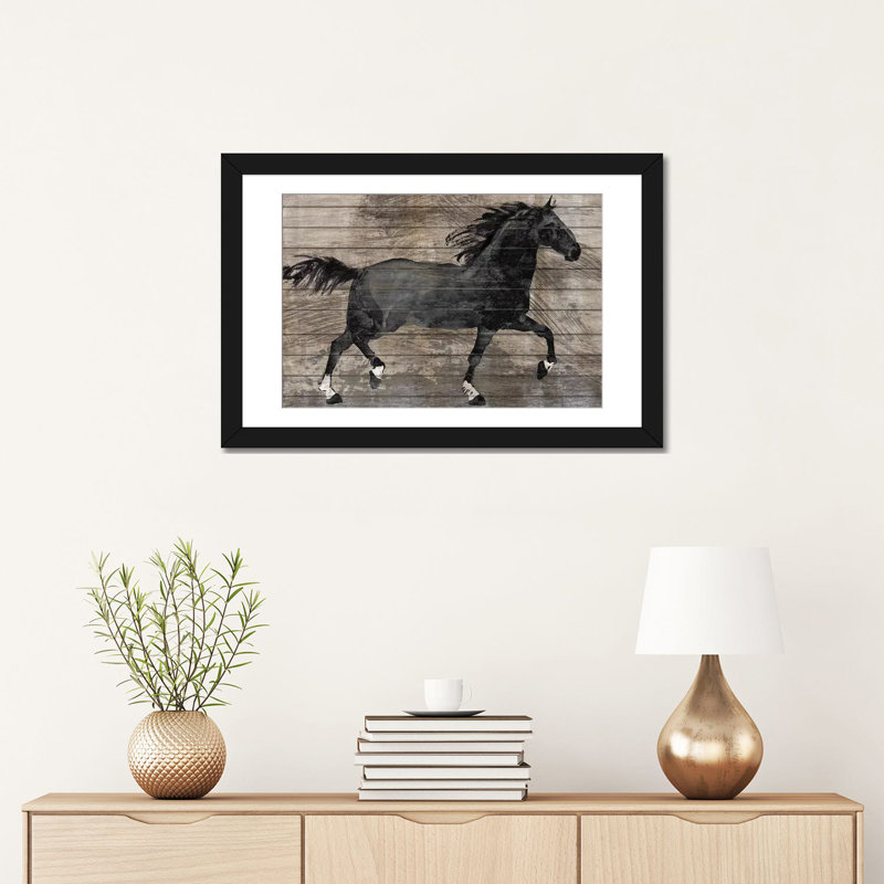 « barnwood cheval », impression sur toile, H 16 po x l 24 po x P 1 po, Papier d'art encadré noir, Blanc