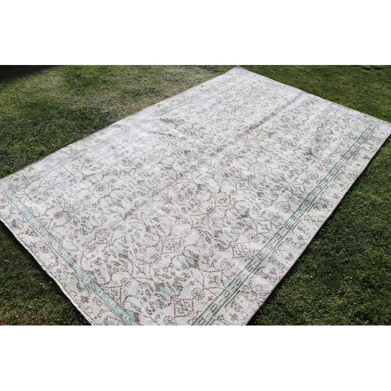Grand tapis turc Oushak rétro vert: mobilier en laine idéal pour les planchers de salle à manger