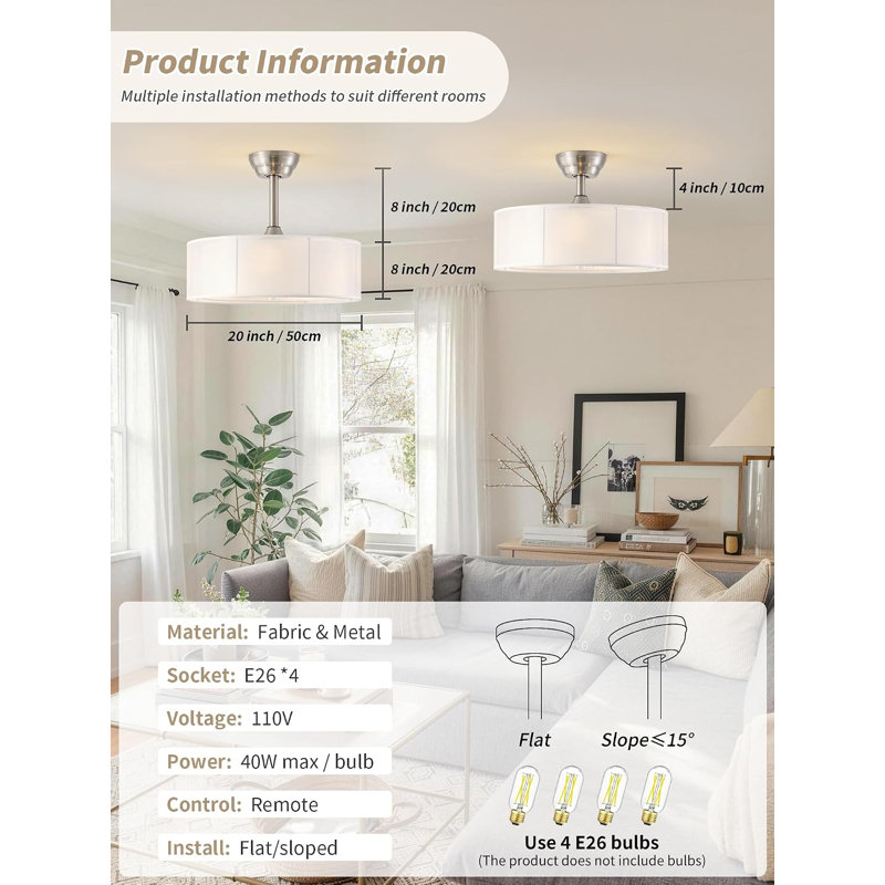 Ventilateurs de plafond en cage 20 po avec lumières, ventilateur de plafond lustre argenté avec télécommande à 6 vitesses pour chambre à coucher, salon, chambre de bébé