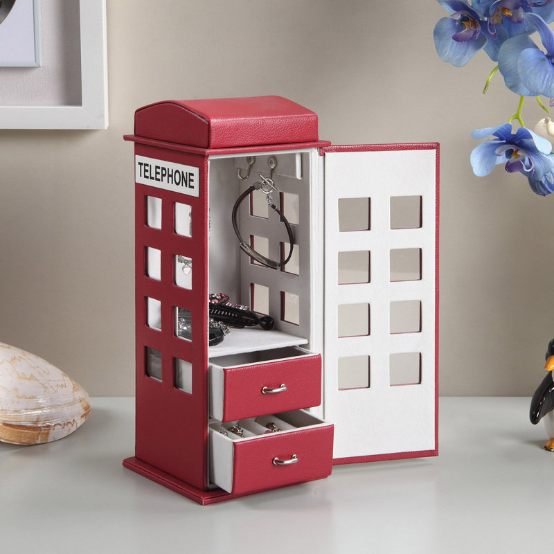 White Leather Telephone Design Jewellery Box, 11.5" Tall, Burgundy