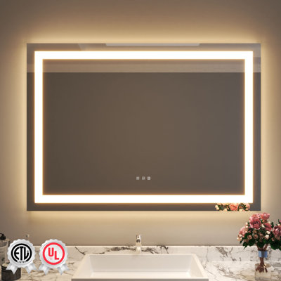 Waterpar ETL & UL Certified Backlit and Front Light Anti-Fog Frameless Rectangular LED Tempered Glass Wall Bathroom Vanity Mirror, 3 Adjustable Color Temperatures & Dimmable LED Bathroom Mirror