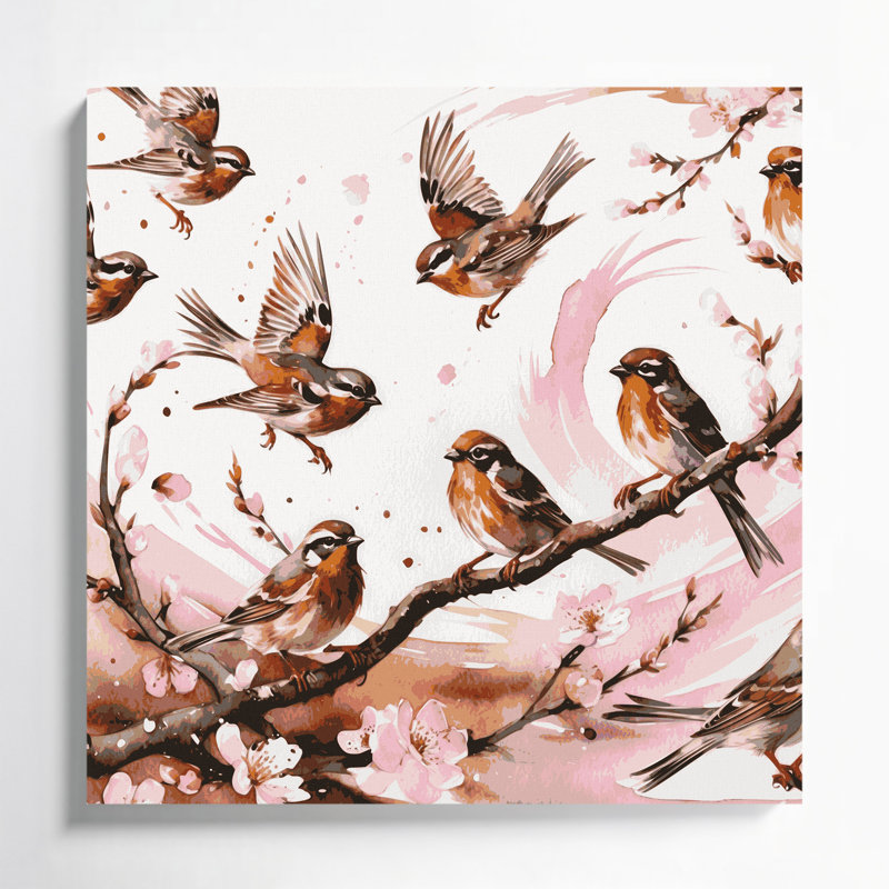 Oiseau, moineau, toile blanche, H 12 po x l 12 po