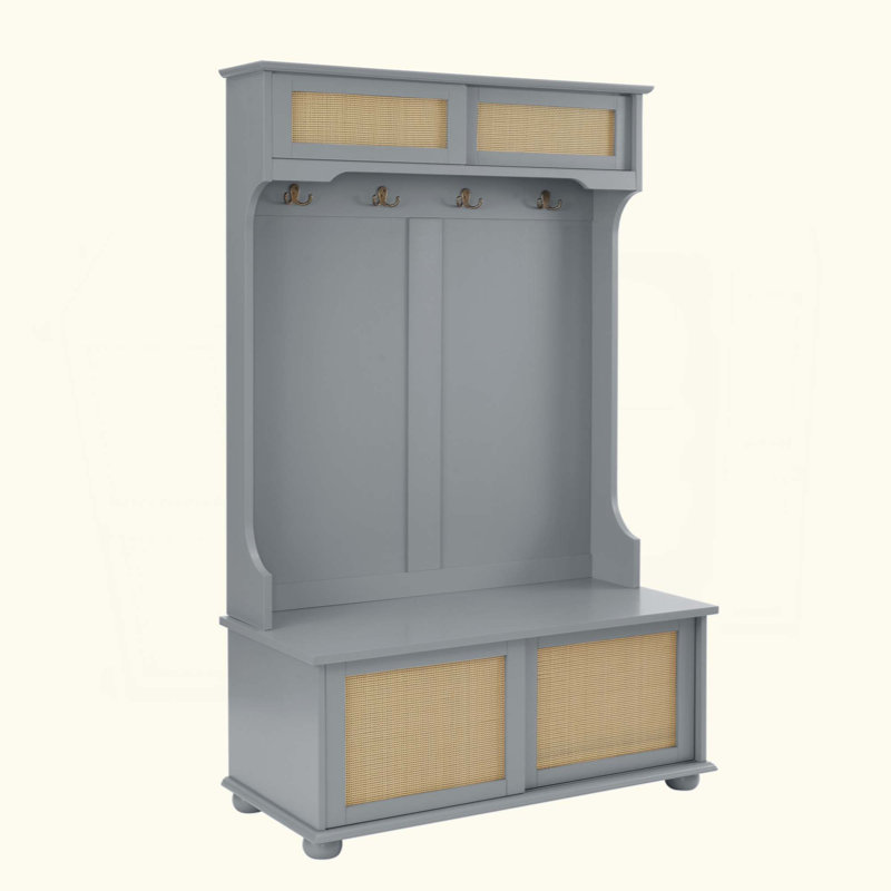 Clothes Hanger Hall Tree Storage Bench Shoe Rack For Entryway, Hall Tree With Bench And Shoe Storage, Hall Tree Entryway Bench With Rattan Door