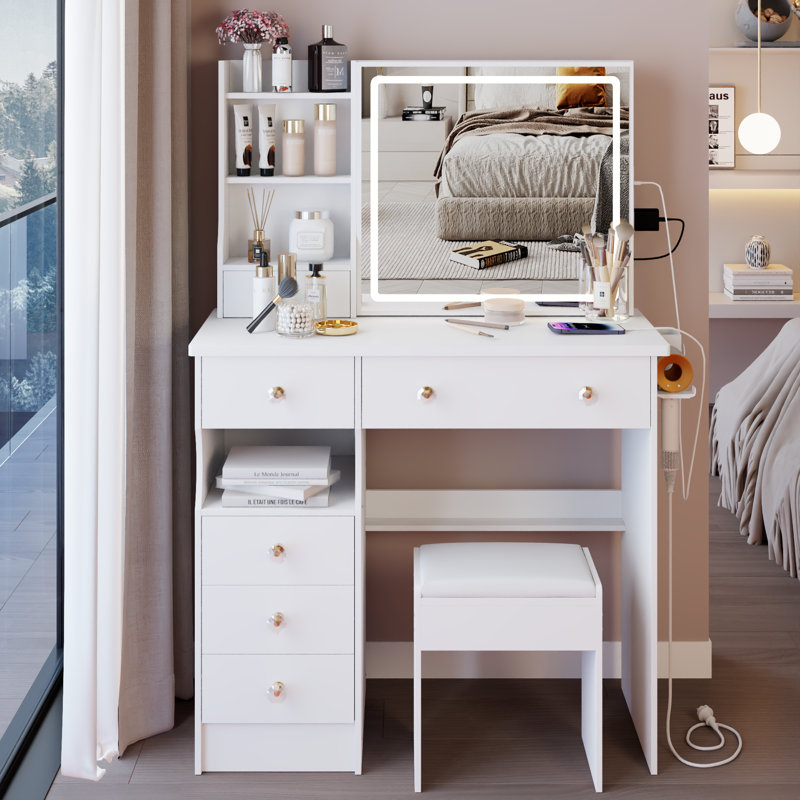 Ensemble coiffeuse 37 "avec miroir coulissant à DEL, prise de courant, support pour sèche-cheveux et tabouret, Blanc