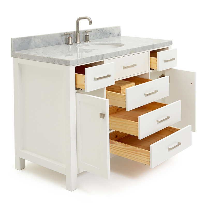 Meuble-lavabo simple 48 po avec plateau en marbre blanc de Carrare Macnair, Blanc