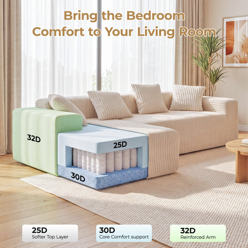 Modern Oversized Corner Sofa L-Shaped Corduroy Sofa With Storage Pockets , Left Hand Facing, Beige