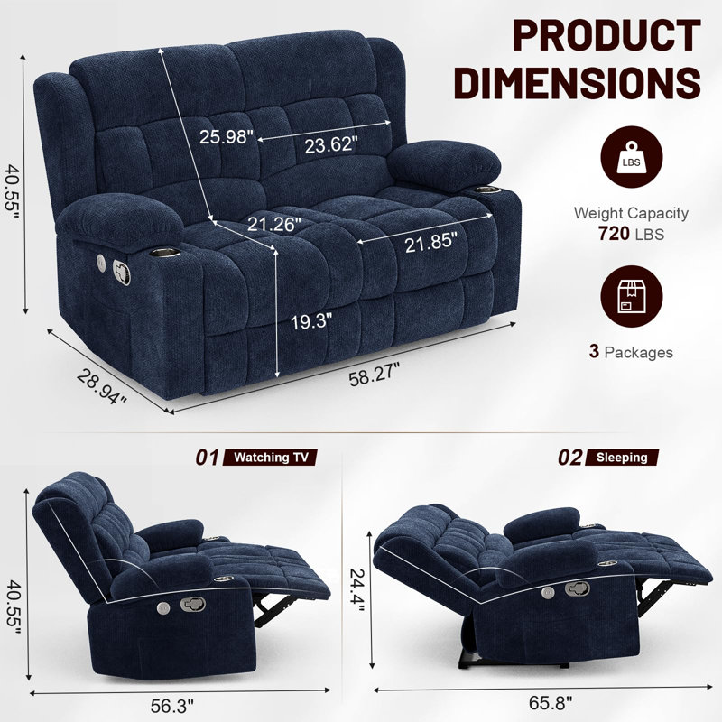 Loveseat Recliner Sofa, Fabric Manual Pull Tab Reclining Loveseat with USB Charge Ports, Cup Holders, Recliner Love Seat Couches for Living Room, RV,
