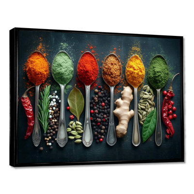 Orange et vert, épices colorées - reproduction sur toile encadrée d'épices, art mural de cuisine orange