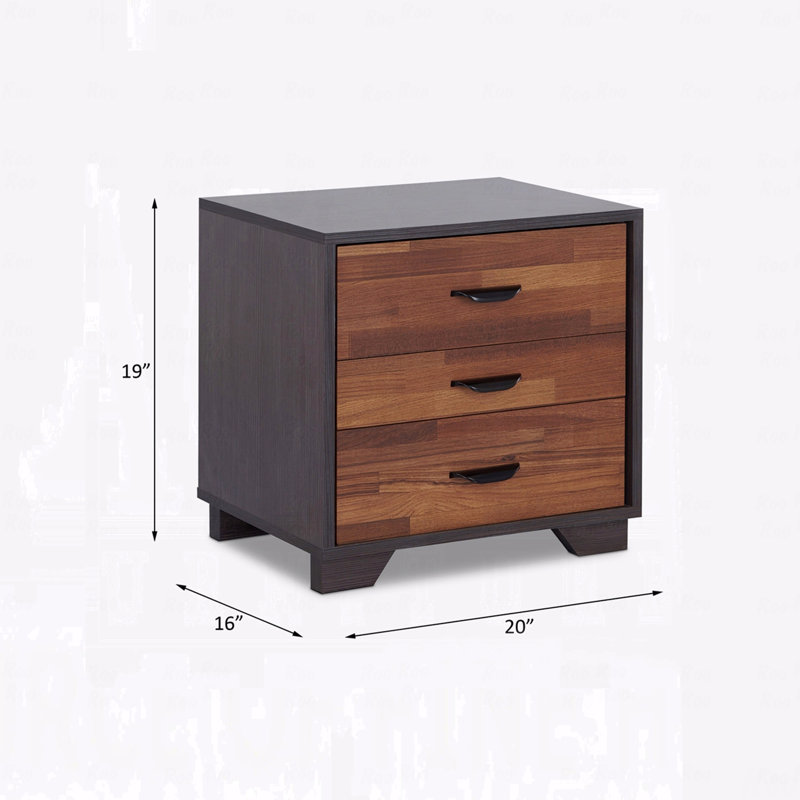 Table de chevet bicolore avec 3 tiroirs, noyer et espresso, Espresso