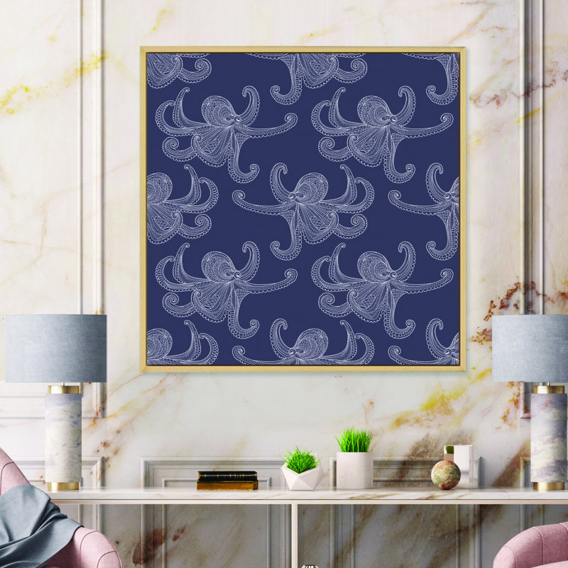 «White Octopus On Dark Blue», reproduction d'art sur toile, H 36 po x l 36 po, Cadre flottant en érable