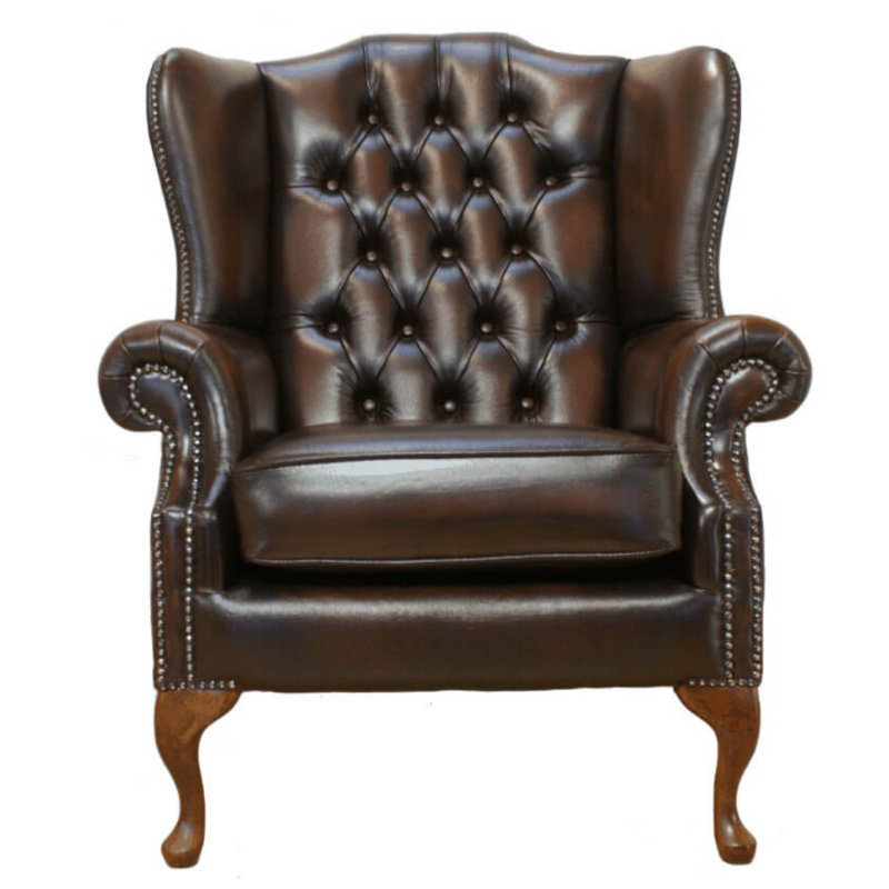 Upholstered Full Grain Leather Wingback Chair, Antique Brown