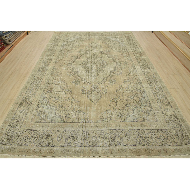 Tapis beige en laine unique des années 1980 9 pi 8 po x 12 pi 7 po Murti