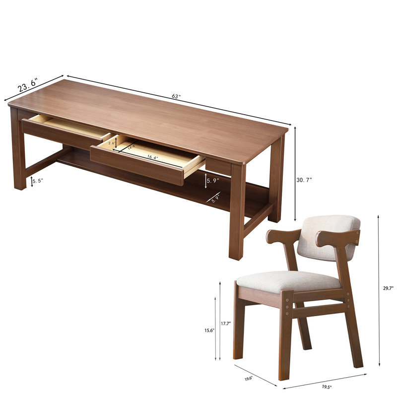 63" Kids Writing Desk Computer Desk Workstation Table with Chair, Brown